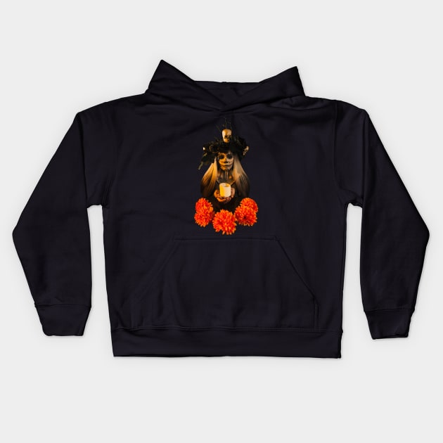 Sugar skull lady with candle and flowers Kids Hoodie by BrokenTrophies